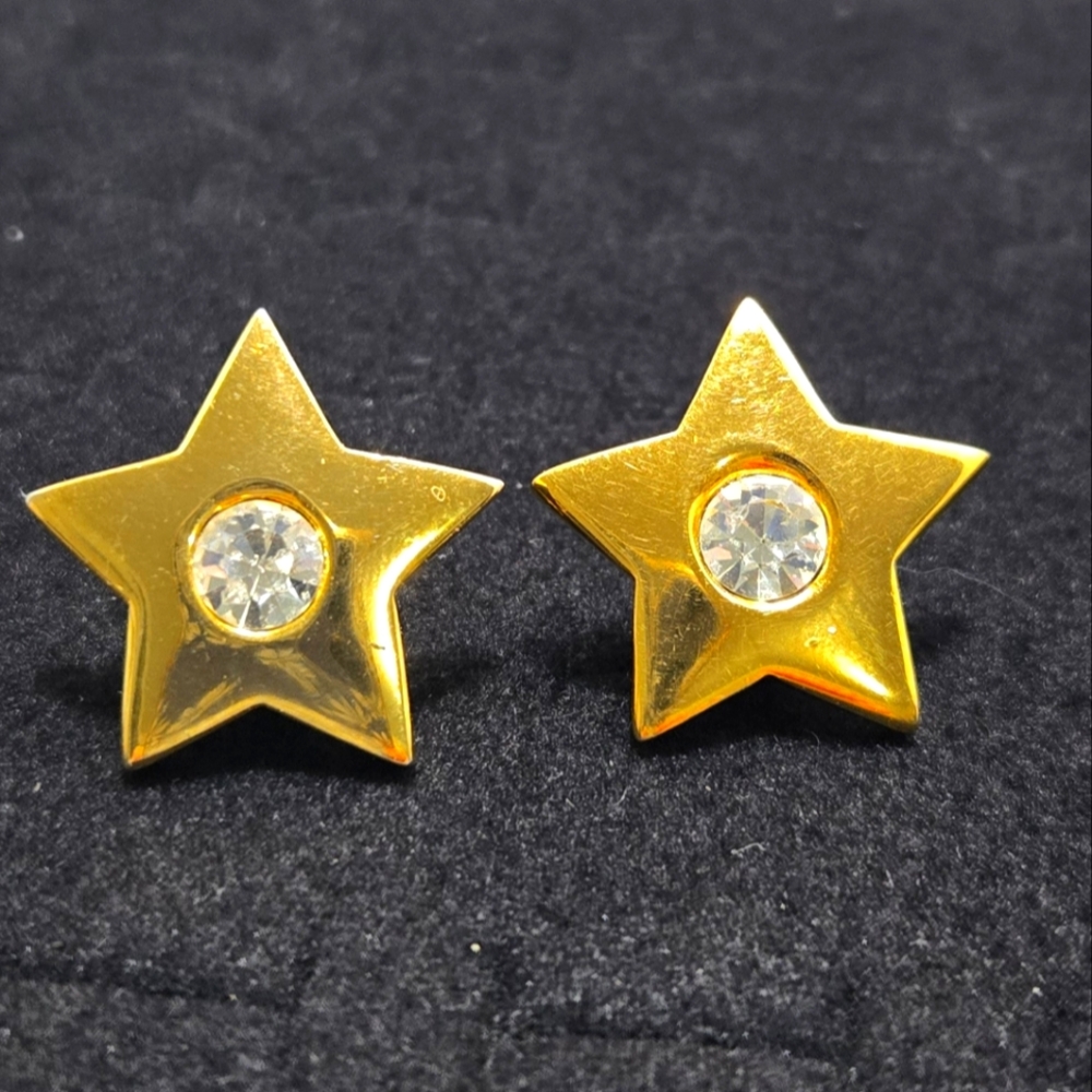 Vintage Givenchy New York Gold Star Earrings with Crystal/Rhinestone Accent